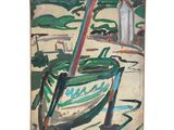an image of a painting of a boat on a beach