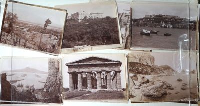 several old black and white photos of a building and a boat