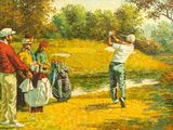 an oil painting of a man swinging a golf club at a golf course
