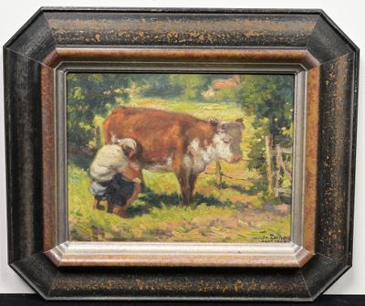 un tableau représentant deux vaches dans un champ, avec un homme agenouillé à côté d'elles