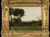 a painting of a field with trees and a house in the distance