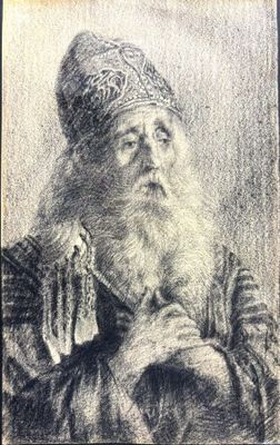 un vieux dessin représentant un homme à la longue barbe et coiffé d'un chapeau