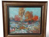 une peinture à l'huile représentant un paysage enneigé avec des arbres en arrière-plan