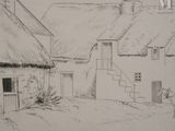 drawing of a village with a horse in front of a house