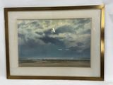 painting of a cloudy sky over a beach with a boat in the distance