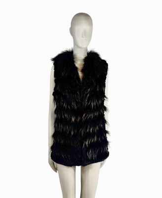 the mannequin is wearing a black fur vest and a black dress