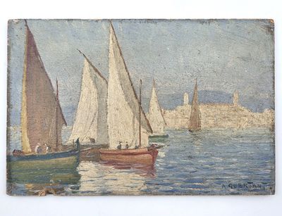 painting of sailboats in the water with a city in the background