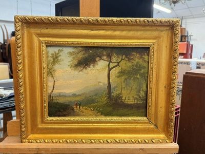 an image of a painting of a landscape with a man and a dog in a wooded area