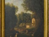une peinture à l'huile représentant une maison dans un cadre boisé, avec des personnages au premier plan