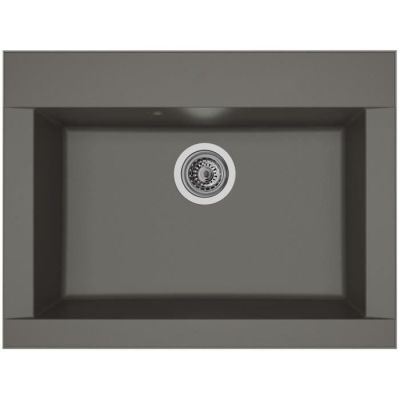 a close up of a grey kitchen sink with a drain
