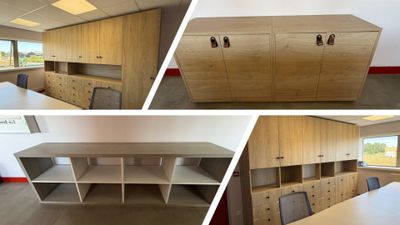 plusieurs photos d'une pièce avec un bureau, des armoires et une fenêtre
