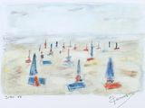 un dessin représentant une plage avec des parasols sur le sable