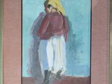 tableau encadré représentant une femme vêtue d'une veste rouge et d'un pantalon blanc
