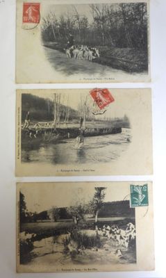trois vieilles cartes postales représentant des personnes sur un bateau sur une rivière
