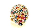 une image représentant une bague ornée de pierres multicolores sur fond blanc