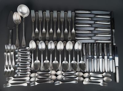 many spoons, forks, and spoon spoons laid out on a table
