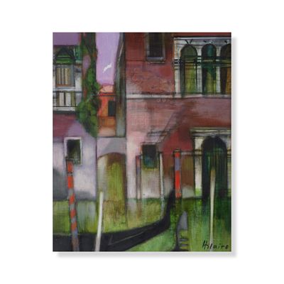 an oil painting of a gondola in front of a building