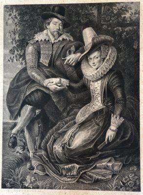 une vieille gravure représentant un homme et une femme assis par terre