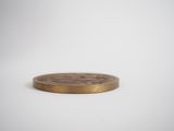 a close up of a coin sitting on top of a white surface