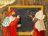 tableau représentant deux personnes debout devant un tableau noir sur lequel sont écrites des phrases à la craie