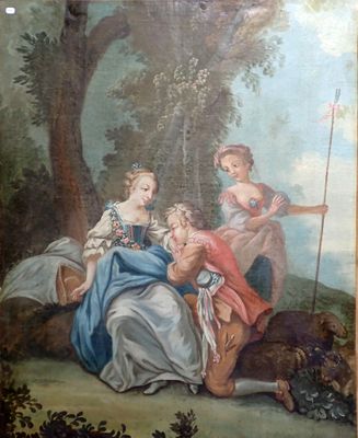 une image représentant un tableau où figurent trois femmes et un enfant dans un décor boisé