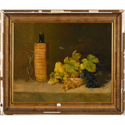 une peinture à l'huile représentant des raisins et une bouteille de vin posés sur une table