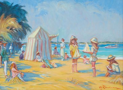 tableau représentant un groupe de personnes sur une plage, près d'une tente