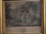 an old picture of a painting of a man and a woman in a wooded setting