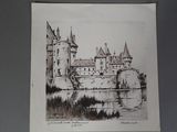 un dessin représentant un château sur le mur au bord de l'eau