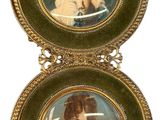 two framed pictures of a woman in a green dress