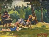 a painting of a woman sitting in a chair in a park