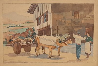 a picture of a painting of a man and two cows