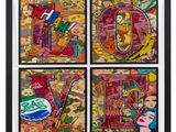a painting of four different images of the word love