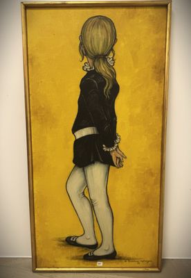 an image of a painting of a woman in a black dress and white tights