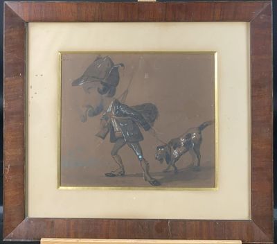 painting of a man with a dog and a bird in a wooden frame