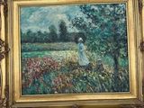 a picture of a picture of a woman in a field of flowers