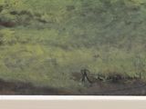a picture of a painting of a man and a dog in a field