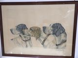 a picture of a painting of three dogs with a pipe