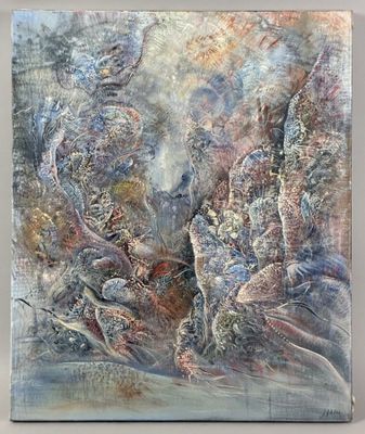 an abstract painting of a group of birds flying over a forest