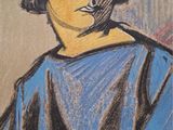 painting of a man with a hat and a blue shirt