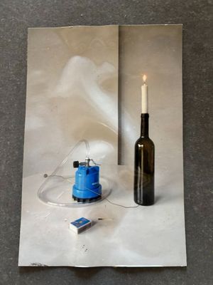 a picture of a candle and a bottle on a piece of paper