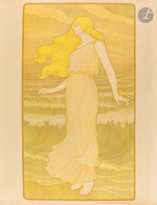 un tableau représentant une femme en robe jaune debout sur une plage