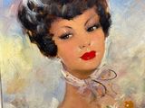 painting of a woman in a white dress with a red lipstick