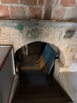 une porte dans un mur de briques qui donne sur une salle de bains