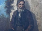 painting of an old man with a cane and a hat