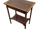 a wooden table with a shelf underneath it