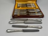 five knives in a case and a knife on a table