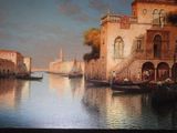 a picture of a painting of a canal with boats in it