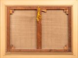 an old picture of a wooden frame with a rope hanging from it