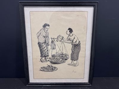 un vieux dessin représentant deux femmes avec des paniers remplis de provisions